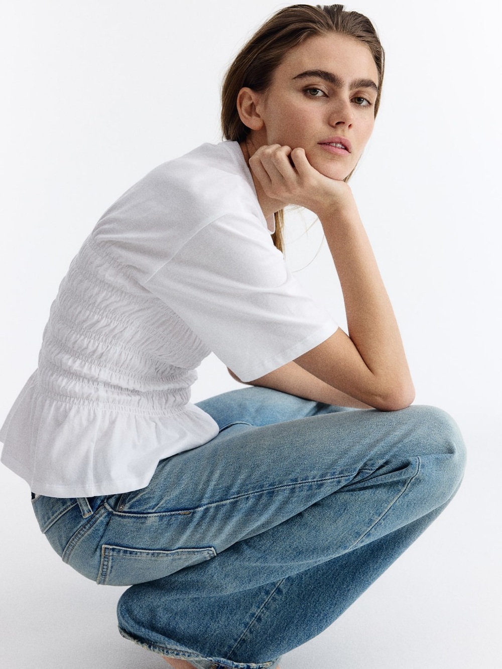 H&M White Smocked Cotton Short Sleeve Top XXS/XS